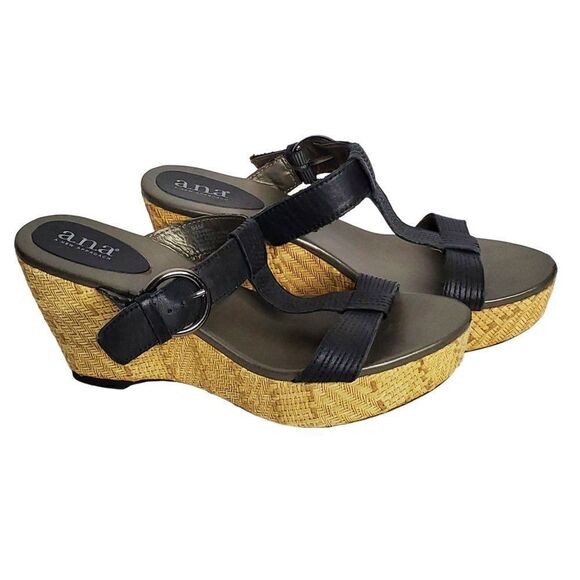 Black Leather T Strap Platform Wedge Open Toe Sandals Sz 9.5 - Picture 2 of 8